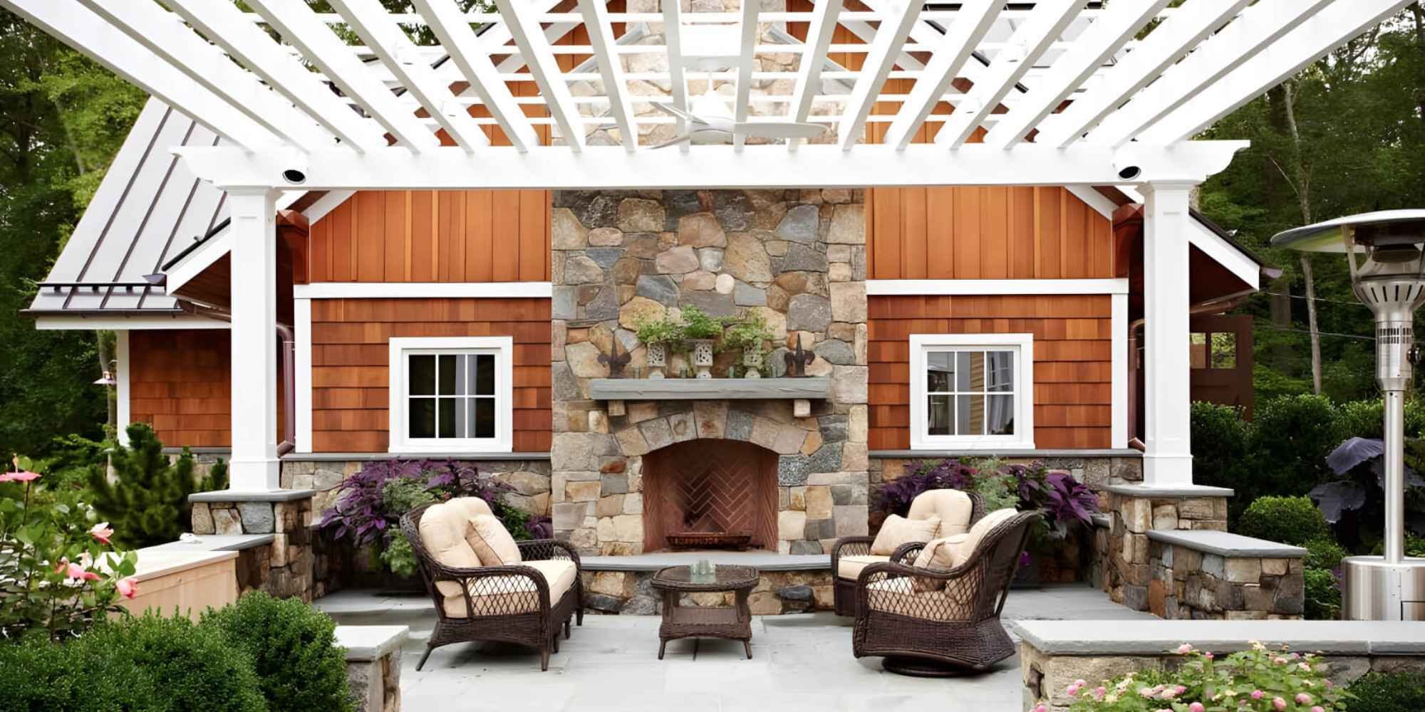 Exterior home remodel in Darien, CT featuring a patio with an outdoor fireplace by TR Design-Build