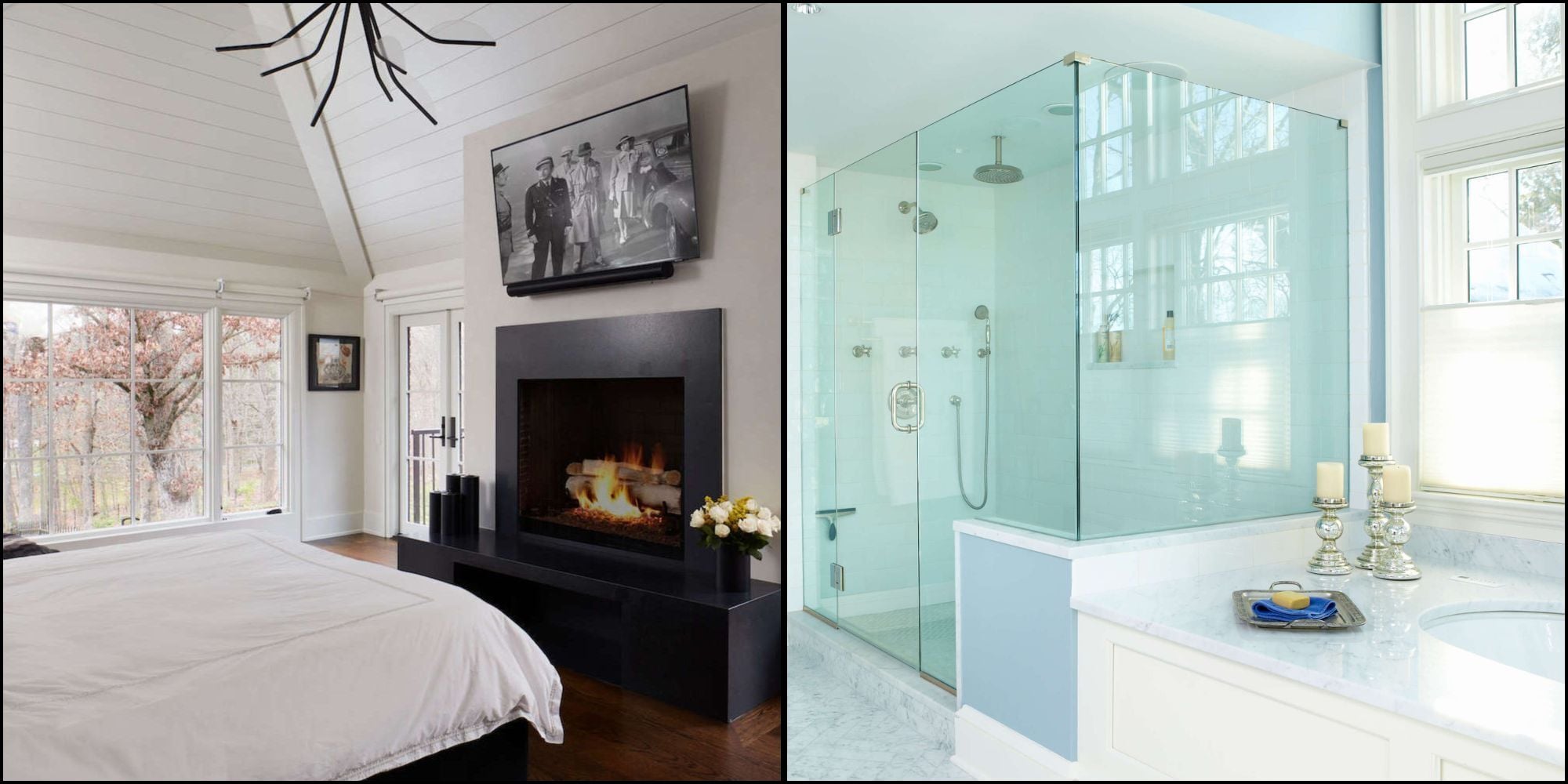 Side-by-side of a primary bedroom with a fireplace and French doors opening onto a private balcony, and a primary bathroom with an oversized frameless glass shower and
