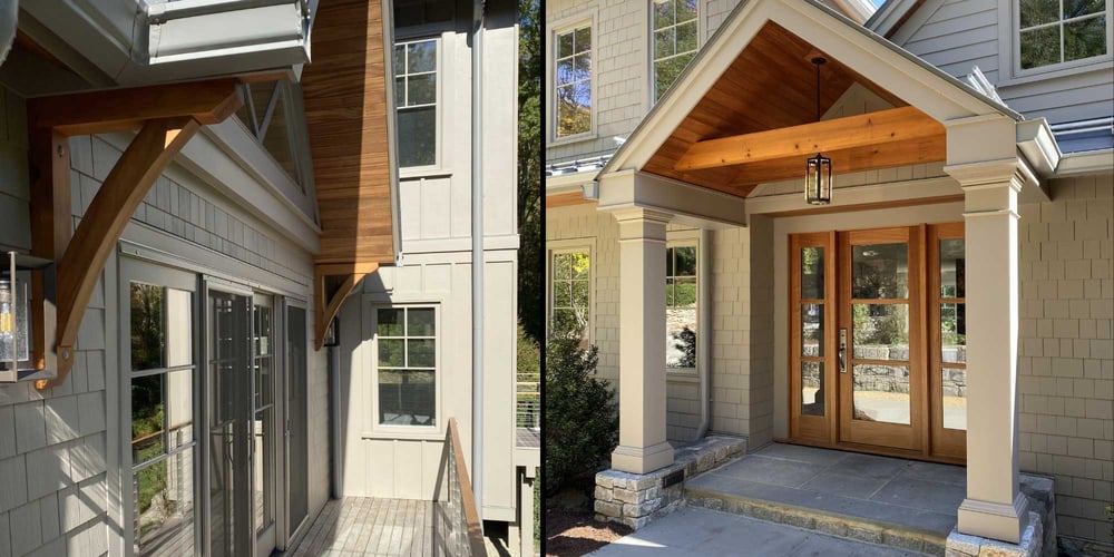 Custom home entryway in New Canaan, CT by TR Design Build with craftsman details, columns, and wood accents