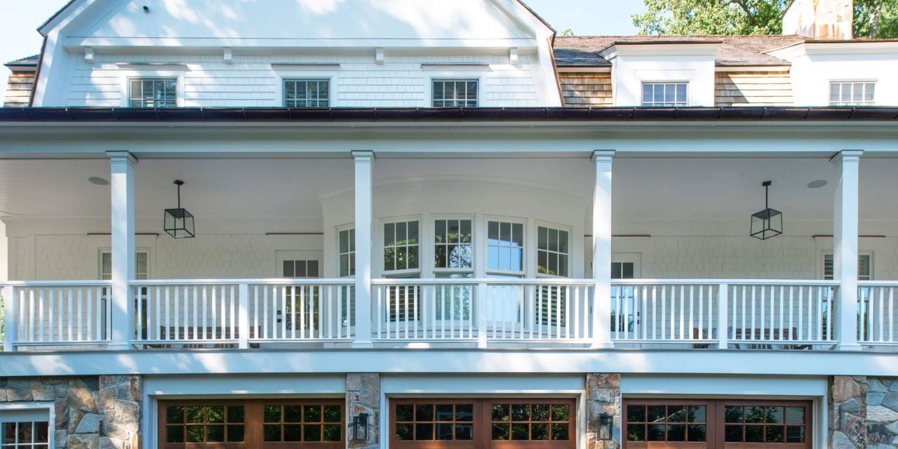 TR Design Build custom home exterior with covered balcony in New Canaan, CT