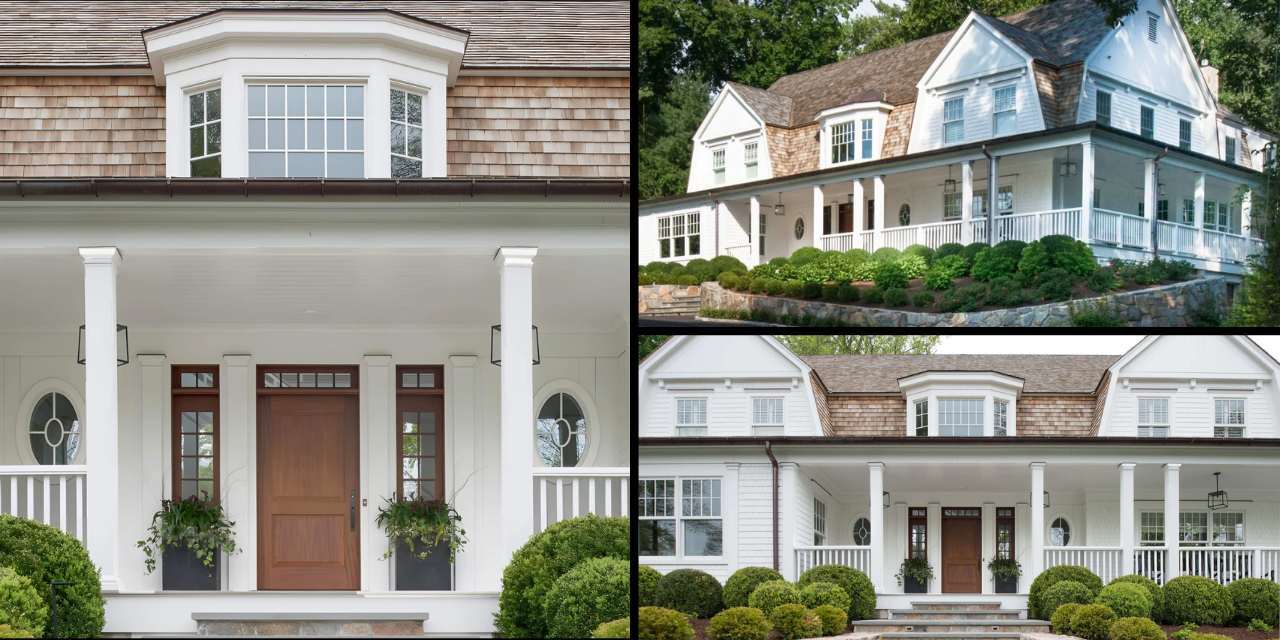 Elegant New Canaan CT custom home featuring columns, wood front door, and manicured landscaping by TR Design Build