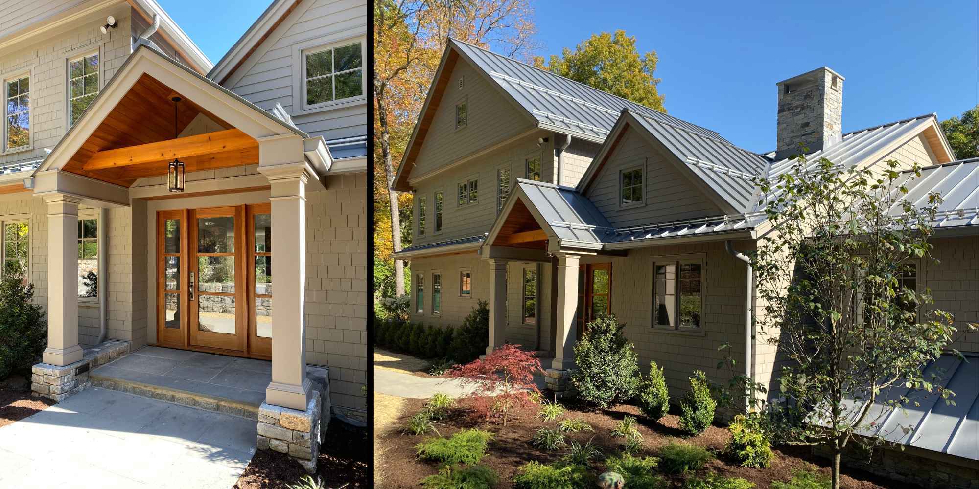 Front exterior of a custom home with wooden accents built by TR Design Build in New Canaan