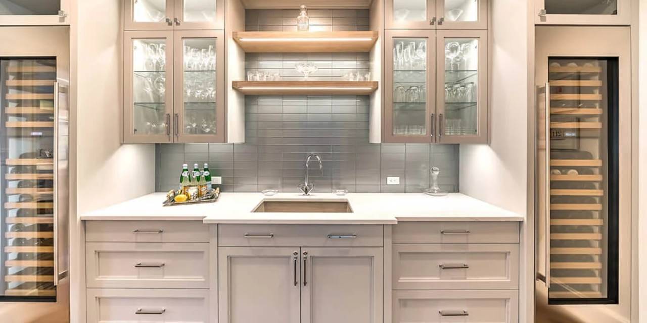 Wet bar with wine fridge in kitchen remodel by TR Design Build in New Canaan, CT